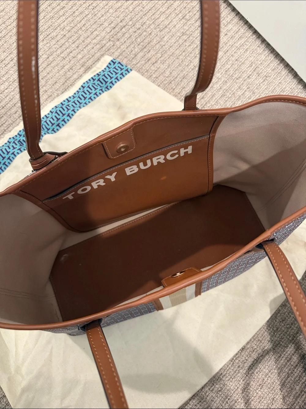 Tory Burch Brown Canvas Logo Stripe Tote with Cream Center Stripe